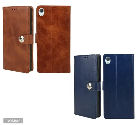 BINTAGE Combo 2 Flip Cover for Vivo 1820 / Y91i | Wallet Stylish Button Magnetic - Brown / Blue-thumb2