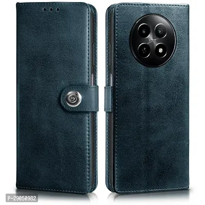 BINTAGE Genuine Leather Finish Flip Cover for Realme RMX3997 /12x /12 5G| Inside Back TPU Wallet Button Magnetic Closure for Realme C65 5G - Navy Blue