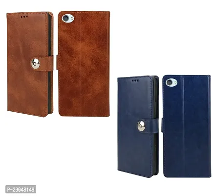 BINTAGE Combo 2 Flip Cover for Vivo 1603 / Y55L | Wallet Stylish Button Magnetic - Brown / Blue-thumb2