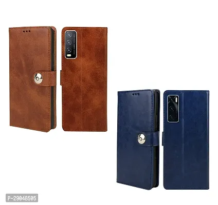 BINTAGE Combo 2 Flip Cover for Vivo V2033 / Y11s | Wallet Stylish Button Magnetic - Brown / Blue-thumb2