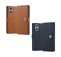 BINTAGE Combo 2 Flip Cover for OPPO CPH2477 / A17 | Wallet Stylish Button Magnetic for OPPO A17 - Brown / Blue-thumb1