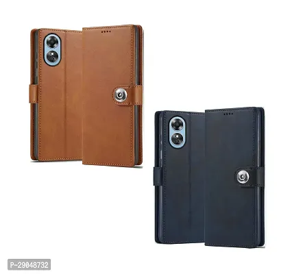 BINTAGE Combo 2 Flip Cover for OPPO CPH2477 / A17 | Wallet Stylish Button Magnetic for OPPO A17 - Brown / Blue-thumb2