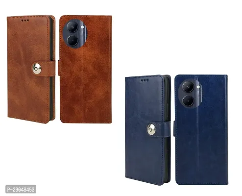 BINTAGE Combo 2 Flip Cover for Realme RMX3624 / Realme C33 | Wallet Stylish Button Magnetic - Brown / Blue-thumb2