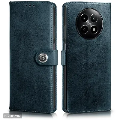 BINTAGE Genuine Leather Finish Flip Cover for Realme RMX3999 / 12 5G/ 12x| Inside Back TPU Wallet Button Magnetic Closure for Realme 12 5G - Navy Blue