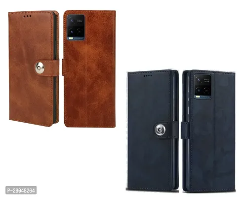 BINTAGE Combo 2 Flip Cover for Vivo V2152 / Y21G | Wallet Stylish Button Magnetic - Brown / Blue-thumb2