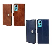 BINTAGE Combo 2 Flip Cover for Infinix X663 / Note 11 | Wallet Stylish Button Magnetic - Brown / Blue-thumb1