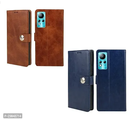 BINTAGE Combo 2 Flip Cover for Infinix X663 / Note 11 | Wallet Stylish Button Magnetic - Brown / Blue-thumb2