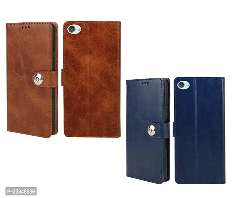 BINTAGE Combo 2 Flip Cover for Vivo 1601 / VivoV5 | Wallet Stylish Button Magnetic - Brown / Blue-thumb2