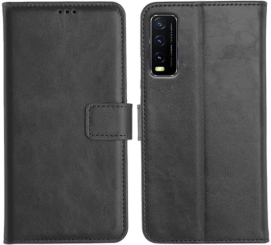 Cloudza Vivo Y20i Flip Back Cover | PU Leather Flip Cover Wallet Case with TPU Silicone Case Back Cover for Vivo Y20i Bk
