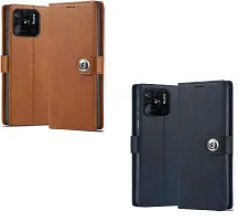 BINTAGE Combo 2 Flip Cover for Mi Redmi 10C - MZB0B6VIN | Wallet Stylish Button Magnetic - Brown / Blue-thumb1