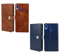 BINTAGE Combo 2 Flip Cover for Vivo 1807 / Y95 | Wallet Stylish Button Magnetic - Brown / Blue-thumb1