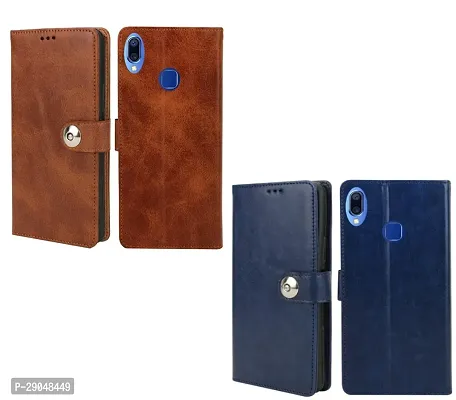 BINTAGE Combo 2 Flip Cover for Vivo 1807 / Y95 | Wallet Stylish Button Magnetic - Brown / Blue-thumb2