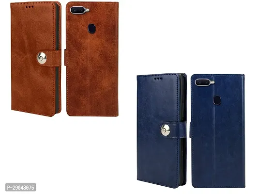 BINTAGE Combo 2 Flip Cover for OPPO CPH1809 / OPPO A5 | Wallet Stylish Button Magnetic - Brown / Blue-thumb2