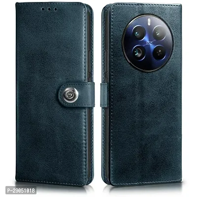 BINTAGE Genuine Leather Finish Flip Cover for Realme 12Pro /12pro+ /P1 Pro| Inside Back TPU Wallet Button Magnetic Closure for Realme 12 Pro 5G - Navy Blue-thumb0