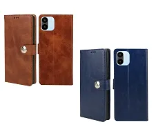 BINTAGE Combo 2 Flip Cover for Mi 220733SI / Redmi A1 | Wallet Stylish Button Magnetic Redmi A1 - Brown / Blue-thumb1