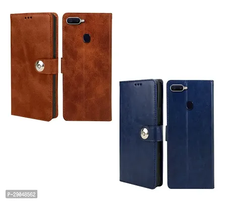 BINTAGE Combo 2 Flip Cover for OPPO CPH2083 / OPPO A11K | Wallet Stylish Button Magnetic - Brown / Blue-thumb2