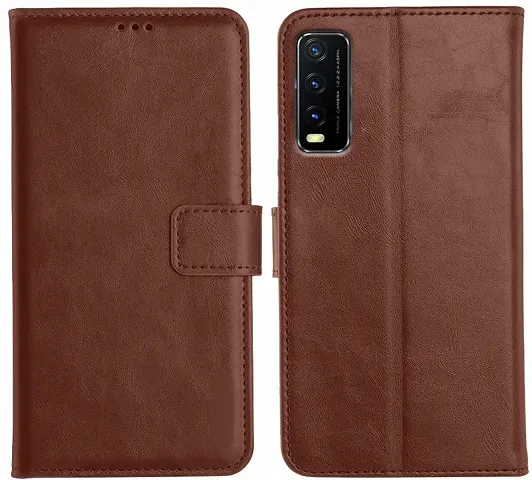 Cloudza Vivo Y20 Flip Back Cover | PU Leather Flip Cover Wallet Case with TPU Silicone Case Back Cover for Vivo Y20 Brown