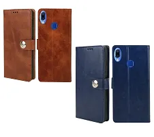 BINTAGE Combo 2 Flip Cover for Vivo V9 / V9Youth / V9Pro /1727 | Wallet Stylish Button Magnetic - Brown / Blue-thumb1