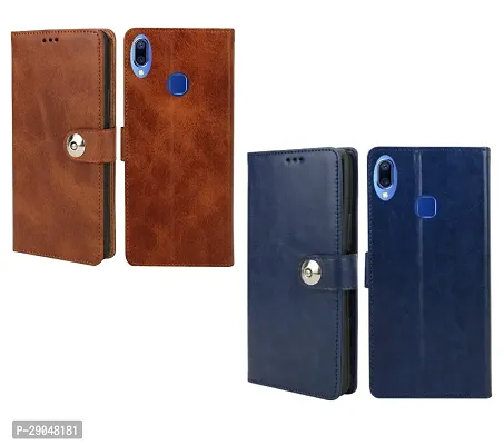 BINTAGE Combo 2 Flip Cover for Vivo V9 / V9Youth / V9Pro /1727 | Wallet Stylish Button Magnetic - Brown / Blue-thumb2