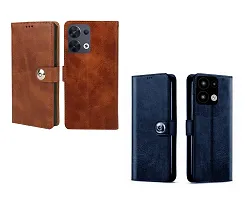 BINTAGE Combo 2 Flip Cover for OPPO CPH2359 / Reno8 5G | Wallet Stylish Button Magnetic for OPPO Reno8 5G - Brown / Blue-thumb1