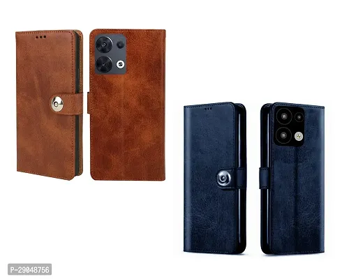 BINTAGE Combo 2 Flip Cover for OPPO CPH2359 / Reno8 5G | Wallet Stylish Button Magnetic for OPPO Reno8 5G - Brown / Blue-thumb2