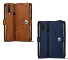 BINTAGE Combo 2 Flip Cover for Vivo 1902 / Y17 | Wallet Stylish Button Magnetic - Brown / Blue-thumb1