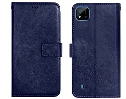 BINTAGE Magnetic Case Artificial Leather Flip Cover for Realme RMX3063 /Realme C20 - Navy Blue-thumb1