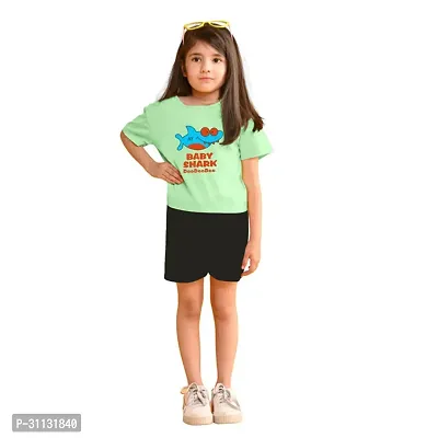 Stylish Green Cotton Top With Bottom Set For Girls-thumb0