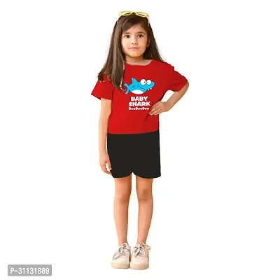 Stylish Red Cotton Top With Bottom Set For Girls-thumb0