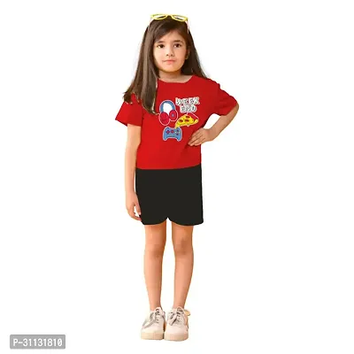 Stylish Red Cotton Top With Bottom Set For Girls