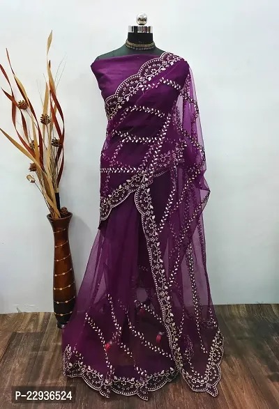 Elegant Net Embroidered Banarasi Silk Saree with Blouse piece