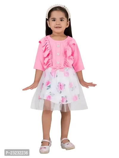 Ayasha Fashion Casual Net Floral Print 3/4th Sleeves Knee Length Frock Dress for Girls-thumb0