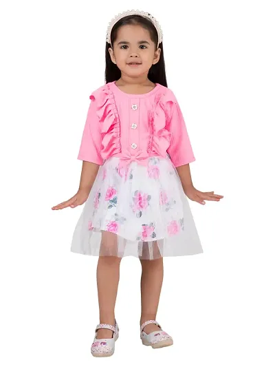 Ayasha Fashion Casual Net Floral Print 3/4th Sleeves Knee Length Frock Dress for Girls