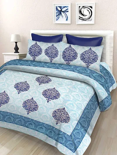 Queenie Brand Cotton Comfort 144 TC King Size Rajasthani Jaipuri Traditional Bedsheet for Double Bed Bedsheet with 2 Pillow Cover-ALXA-B