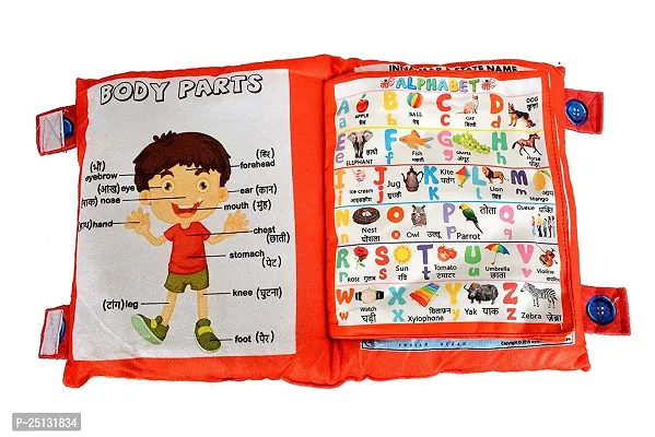 Learning Pillow Book Kids with English and Hindi Languages Alphabet, Numbers, Animal Names, Interactive Velvet Learning Cushion Cloth Book for Baby Children-thumb0