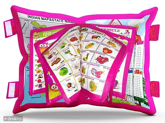 Kid's Learning Cushion Pillow Cum Book with English and Hindi Alphabets, Numbers, Animals Names | Velvet Cushion Book for Interactive Learning for Kids