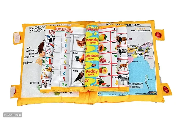Kid's Learning Cushion Pillow Cum Book with English and Hindi Alphabets, Numbers, Animals Names | Velvet Cushion Book for Interactive Learning for Kids