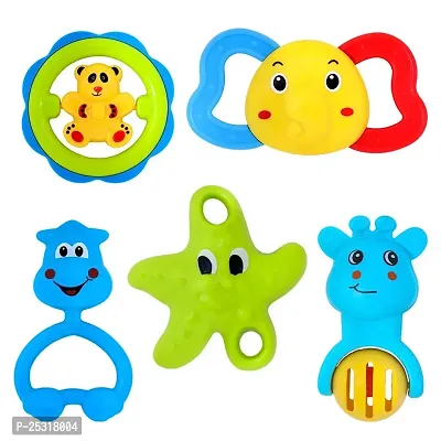 TOPQORE Colorful Attractive Plastic Non Toxic Rattle Toys Set of 6 Shake  Grab Rattle Toys for New Born Baby (Pack of 5 Pcs, Multicolor)-thumb0