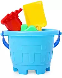 Beach Toy Set For Kids 8 Pcs With Castle Shaped Bucket Shovels Water Sprinkler And Moulds Made In India Perfect Beach Toy For Kids, Multi color-thumb1