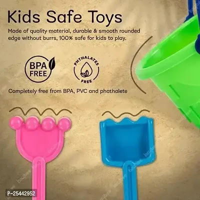 Beach Toy Set For Kids 8 Pcs With Castle Shaped Bucket Shovels Water Sprinkler And Moulds Made In India Perfect Beach Toy For Kids, Multi color-thumb5