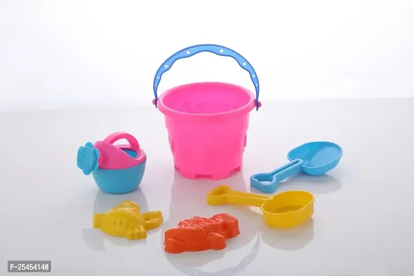 Beach Toy Set For Kids 8 Pcs With Castle Shaped Bucket Shovels Water Sprinkler And Moulds Made In India Perfect Beach Toy For Kids, Multi color-thumb0