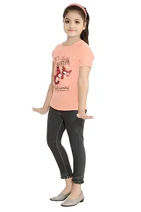 Stylish Demin Jeans With Hosiery Printed Peach T-Shirt For Girls-thumb1