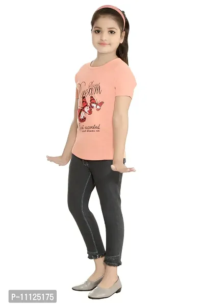 Stylish Demin Jeans With Hosiery Printed Peach T-Shirt For Girls-thumb2