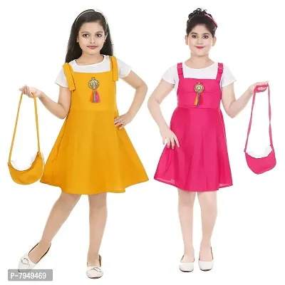 PEACEWAVE Girl's A-Line Knee Length Dungaree Dress With Bag BAG COMBO(YP)_2-3 year(20) Multicolored 2 Years-3 Years-thumb0