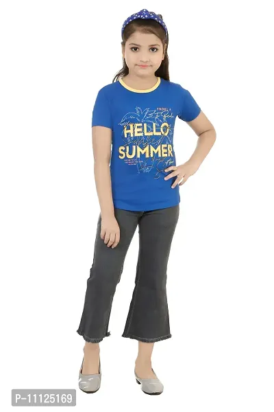 Stylish Demin Jeans With Hosiery Printed Royal Blue T-Shirt For Girls