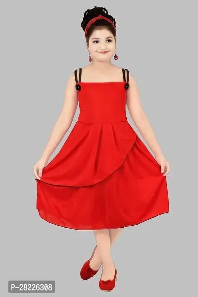 Elegant Red Crepe Solid Frocks For Girls