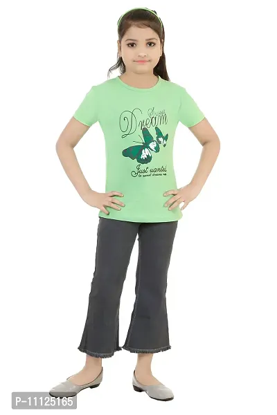 Stylish Demin Jeans With Hosiery Printed Pista Green T-Shirt For Girls