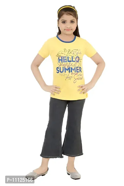 Stylish Demin Jeans With Hosiery Printed Yellow T-Shirt For Girls-thumb0