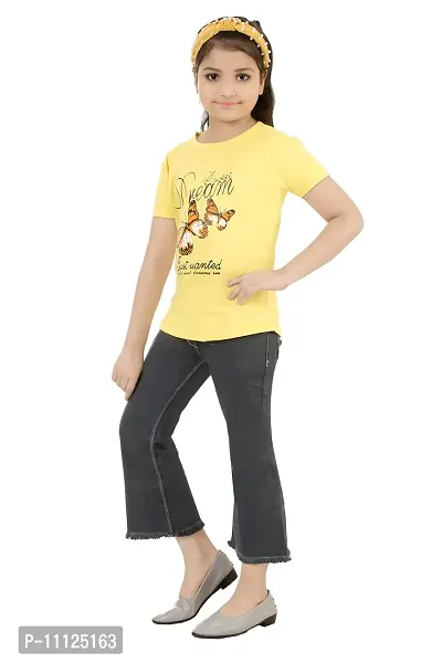 Stylish Demin Jeans With Hosiery Printed Yellow T-Shirt For Girls-thumb2