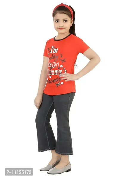 Stylish Demin Jeans With Hosiery Printed Red T-Shirt For Girls-thumb2